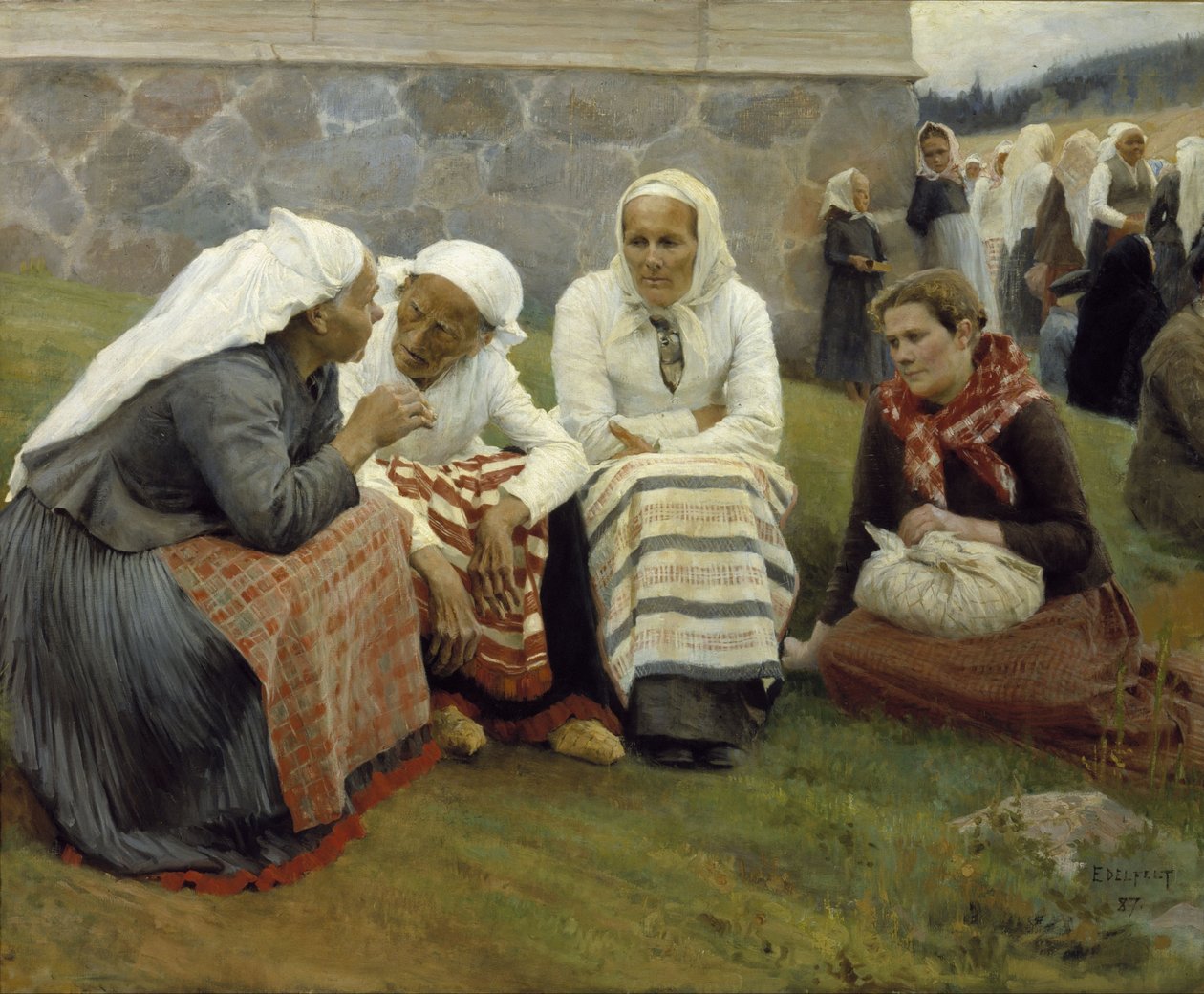 Vrouwen buiten de Kerk in Ruokolahti door Albert Edelfelt