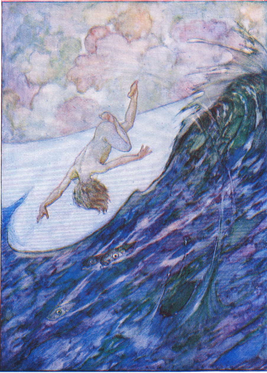 Hij gaf drie schepen uit het water, een meter hoog, en over de kop, uit The Water Babies uitgegeven door Humphrey Milford Oxford University Press, ca. 1930 door Albert Edward Jackson