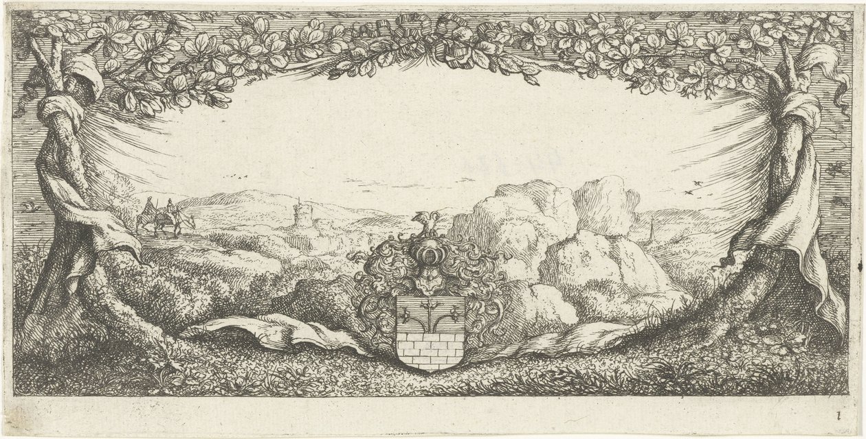 Cartouche met landschap door Albert Flamen