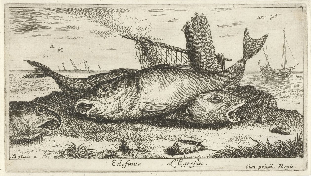 Drie schelvissen op het strand door Albert Flamen
