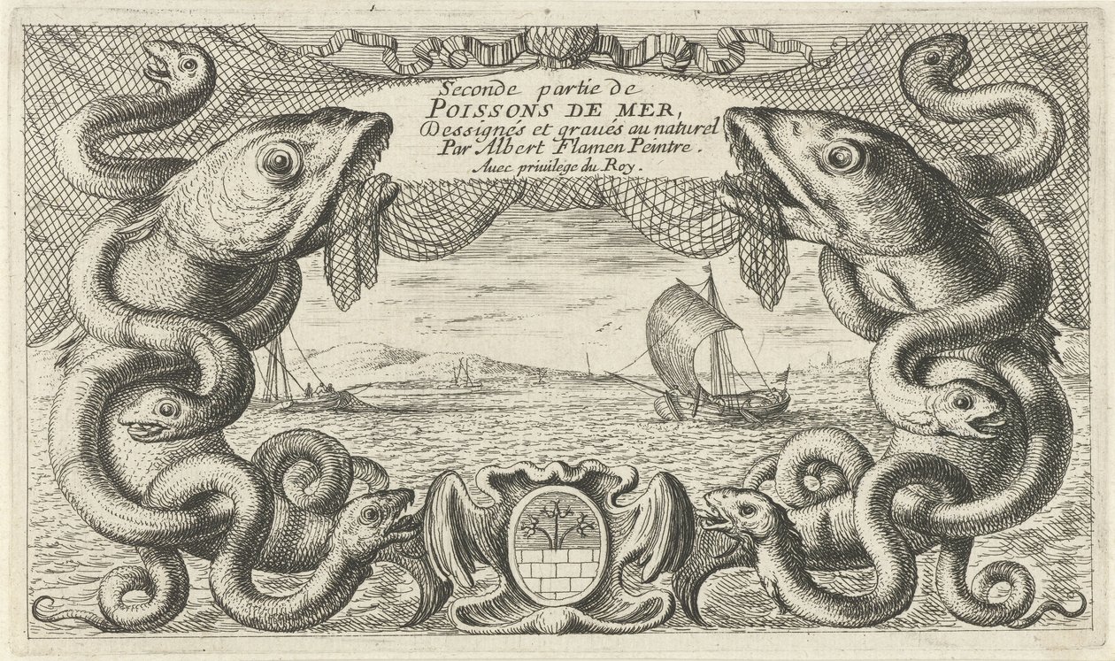 Zeegezicht met rand van zeedieren en een visnet door Albert Flamen