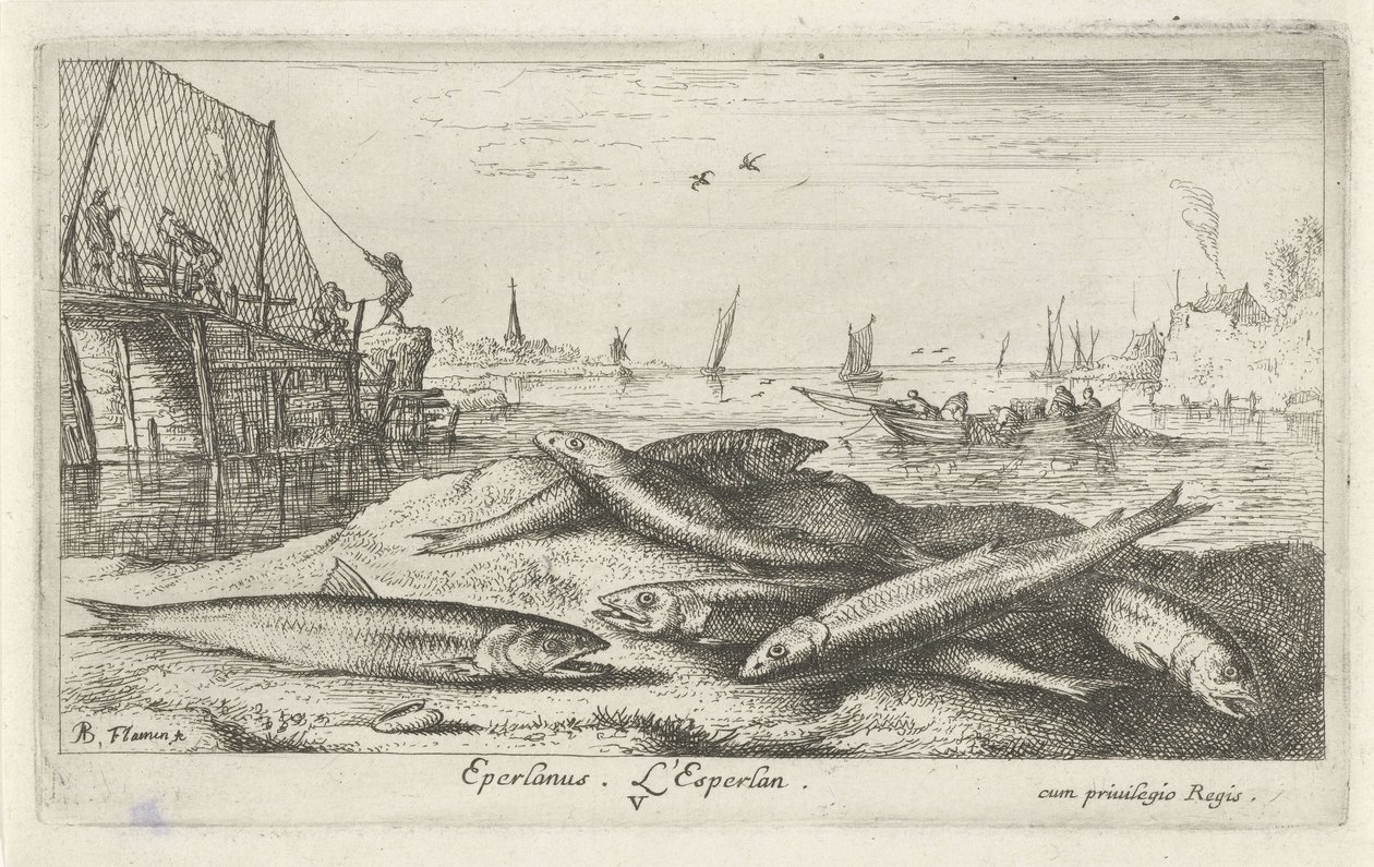 Zes spieringen op het strand door Albert Flamen