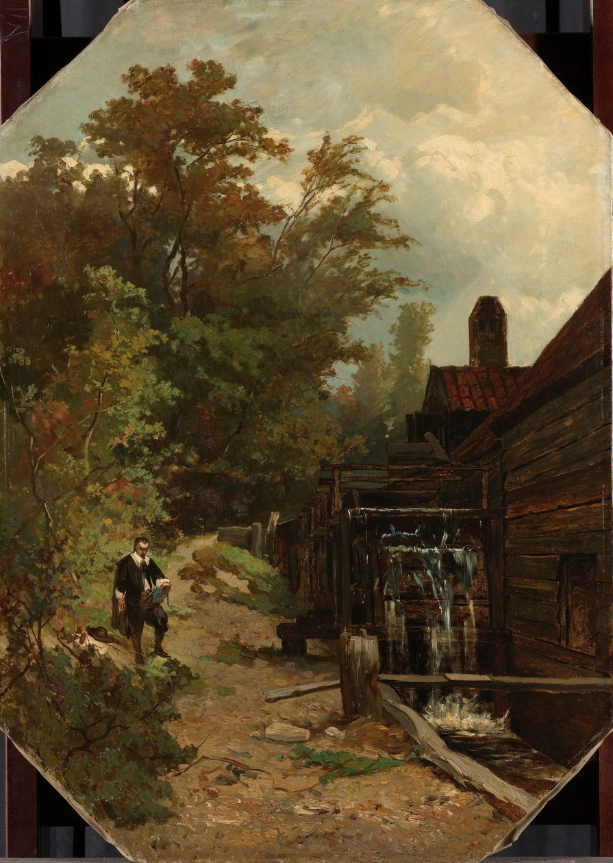Jacob van Ruisdael schetst een watermolen door Albert Gerard Bilders