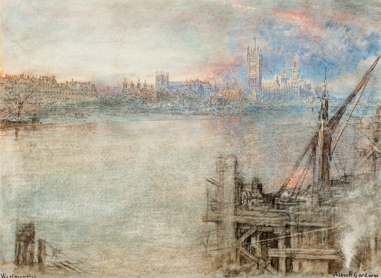 Westminster met de Houses of Parliament bij zonsondergang (pen  zwarte inkt  aquarel met krassen op papier) door Albert Goodwin