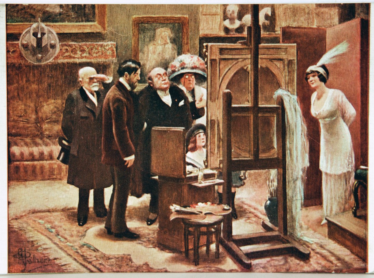 Schilder toont zijn creatie. Ansichtkaart door Alfred Guillaume, Frankrijk, ca. 1920 door Albert Guillaume