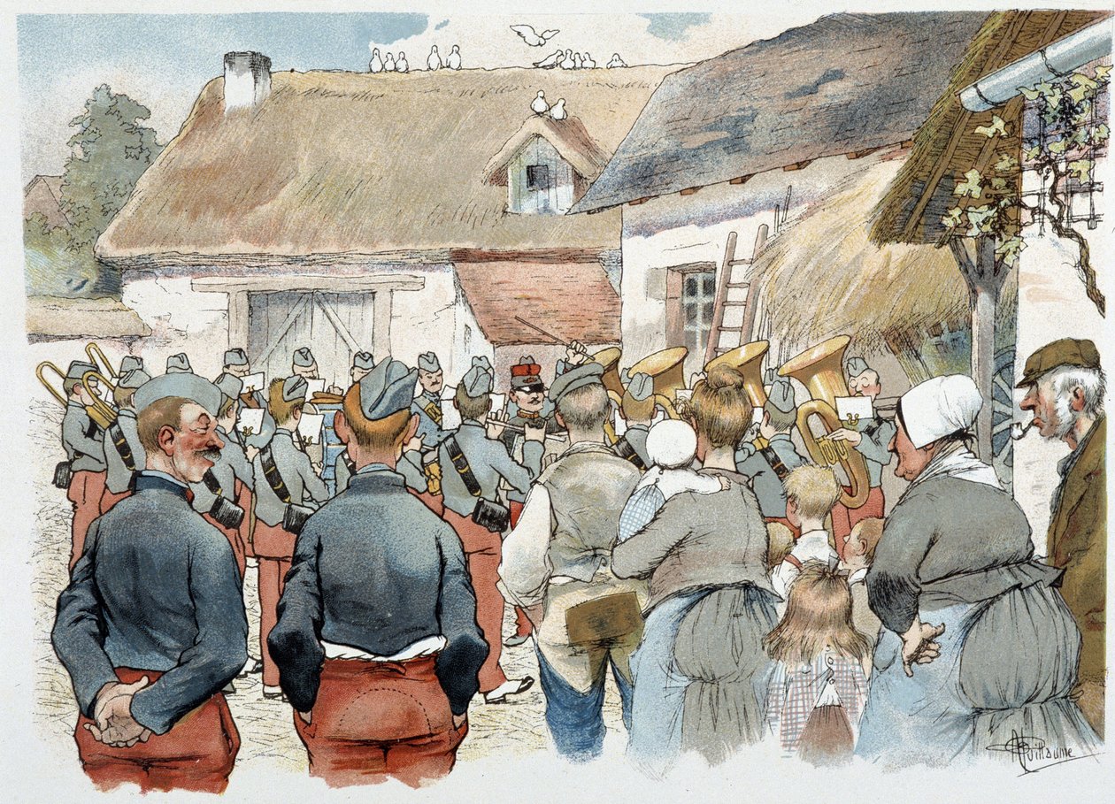 Militaire band in een dorp in 