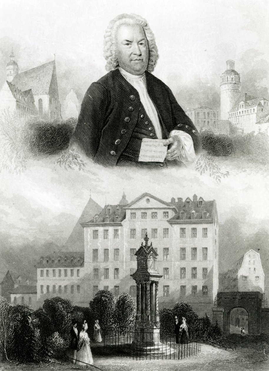 Portret van Johann Sebastian Bach (1685-1750) en monument door Albert Henry Payne