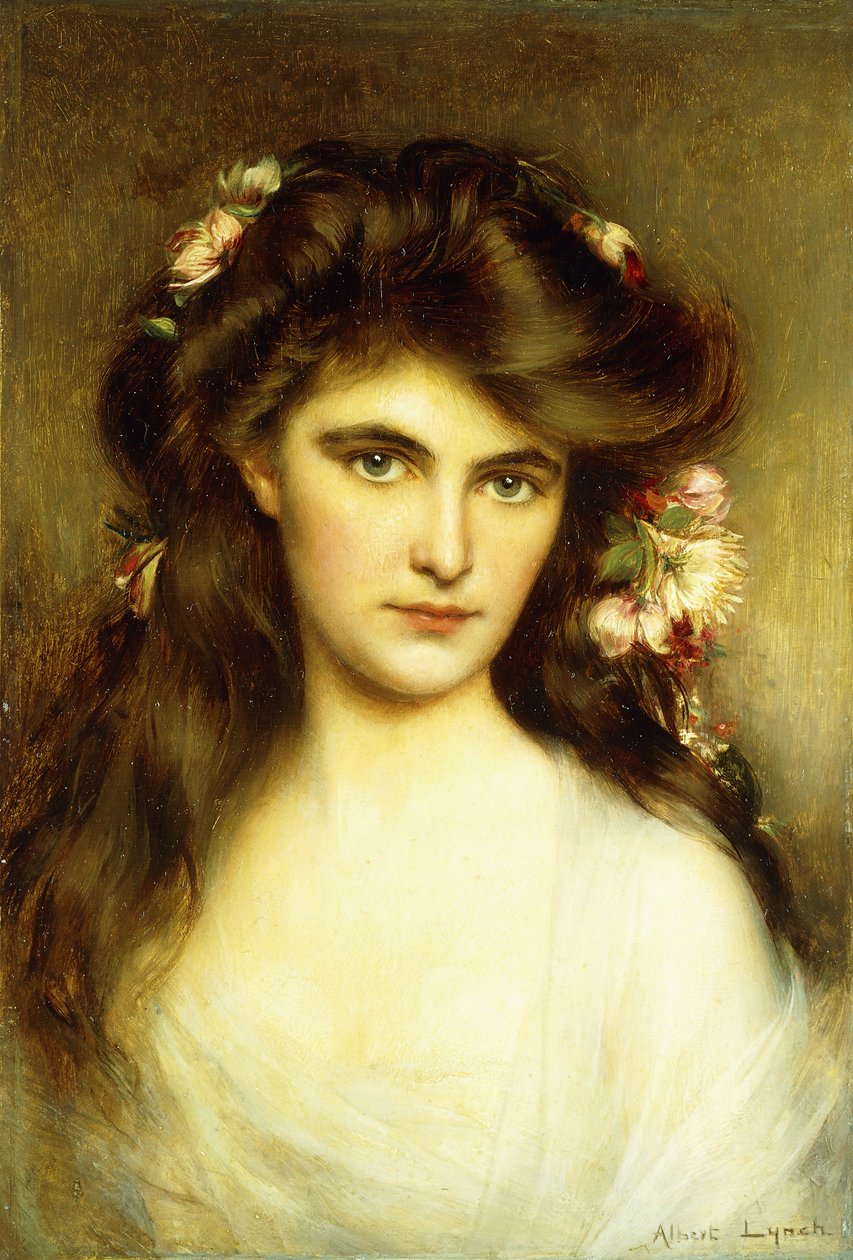 Een jonge schoonheid met bloemen in haar haar door Albert Lynch