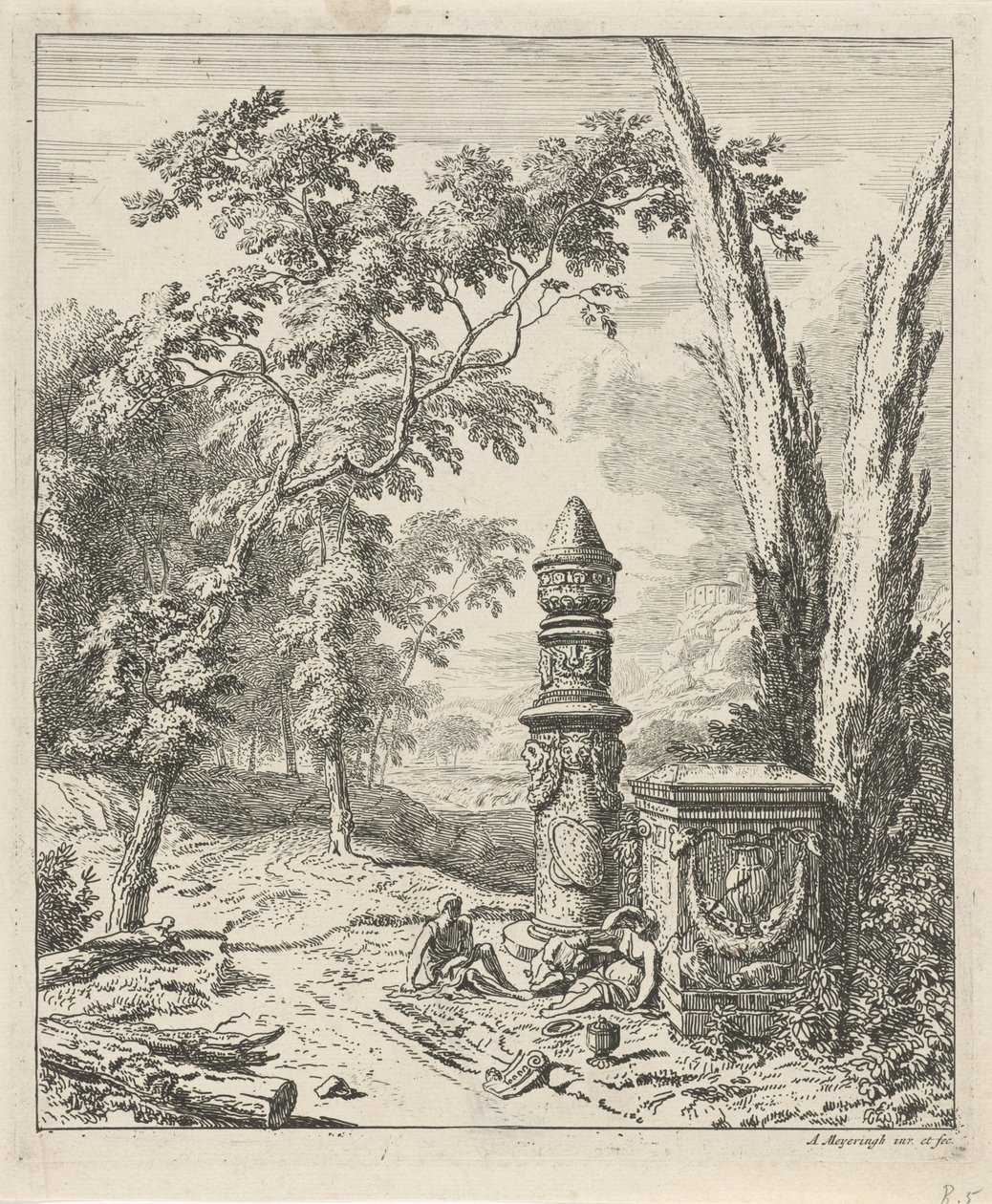 Landschap met rustende figuren bij een grafmonument door Albert Meyering