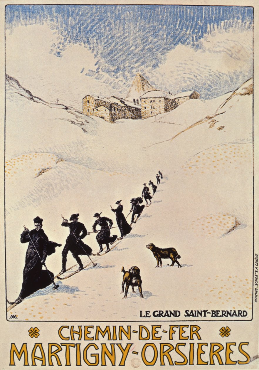 Poster ter Reclame van de Franse Spoorweg van Martigny naar Orsieres, 1913 door Albert Muret