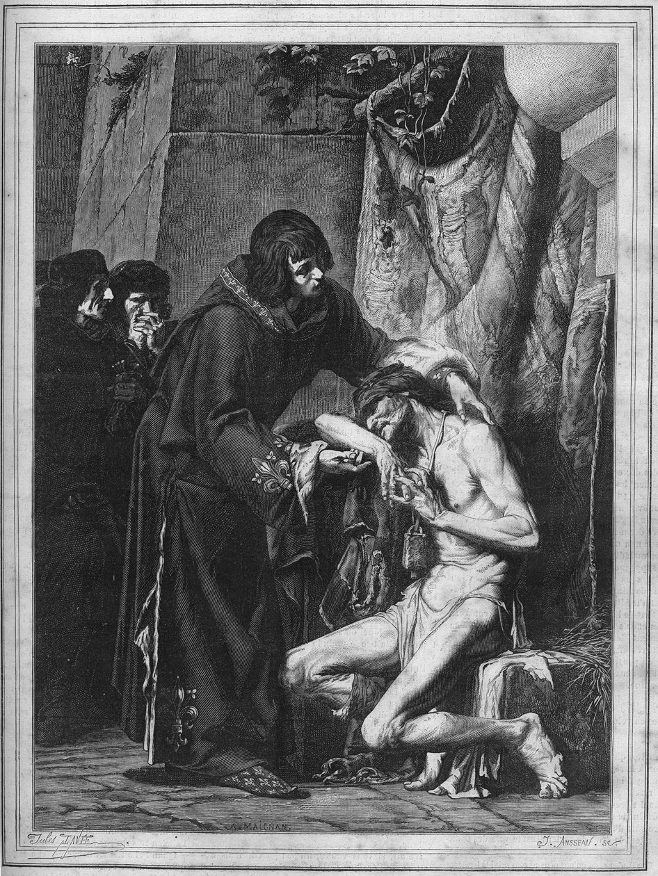 Lodewijk IX troost een melaatse: de koning van Frankrijk Saint Louis en een zieke tijdens een uitbraak van lepra. Gravure uit 1878 naar het schilderij van Albert Maignan door Albert Pierre René (after) Maignan
