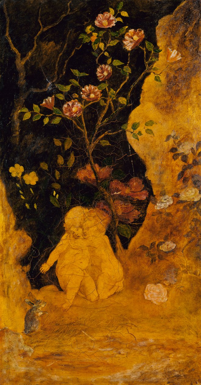 Paneel voor een scherm: Kinderen bang voor een konijn, ca. 1876 door Albert Pinkham Ryder