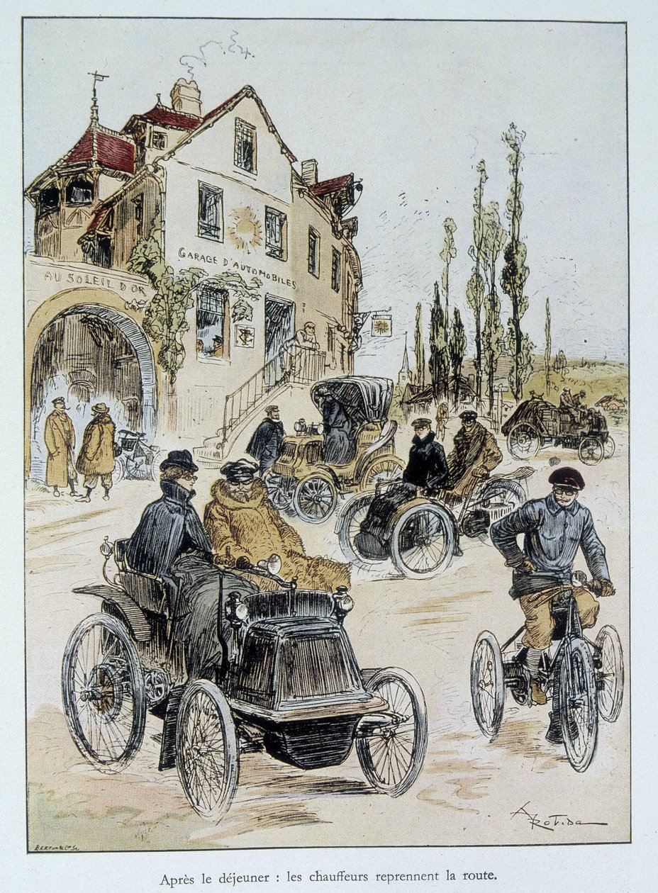 Na het ontbijt gaan chauffeurs weer de weg op: het begin van het motortransport door Robida door Albert Robida