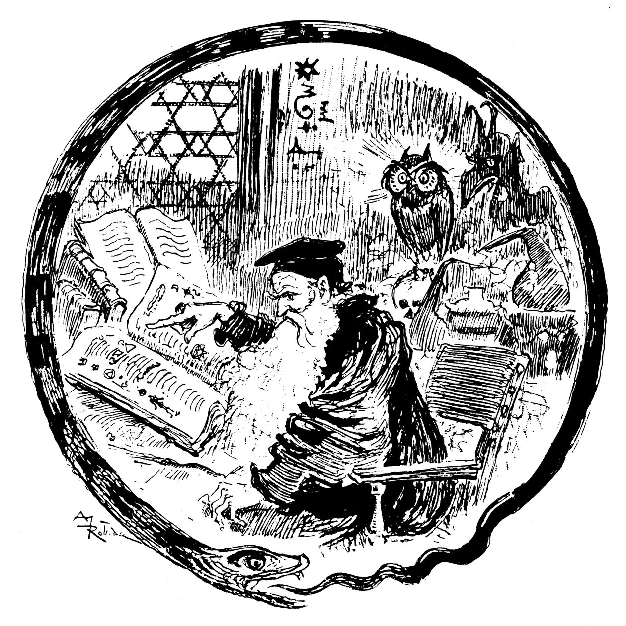 Alchemist die zijn grimoires (magische - kabbalistische formules) raadpleegt onder de ogen van een uil en een demon - de rand van het beeld wordt gevormd door een slang die in zijn staart bijt - Lettrine die de letter O vormt - illustratie door Albert Robi door Albert Robida