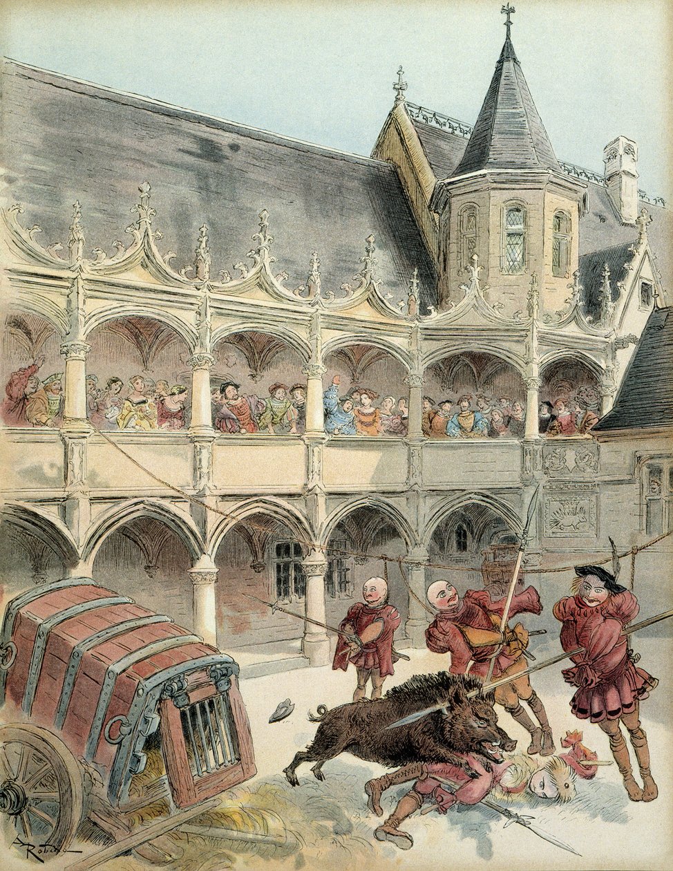 Het everzwijn van Amboise. Tijdens de festiviteiten na de toekomst van koning Frans I (1494-1547) in 1515, brak een los everzwijn in de binnenplaats van het kasteel van Amboise een barricade en klom de trap op naar de verdieping. De koning doodde hem met e door Albert Robida