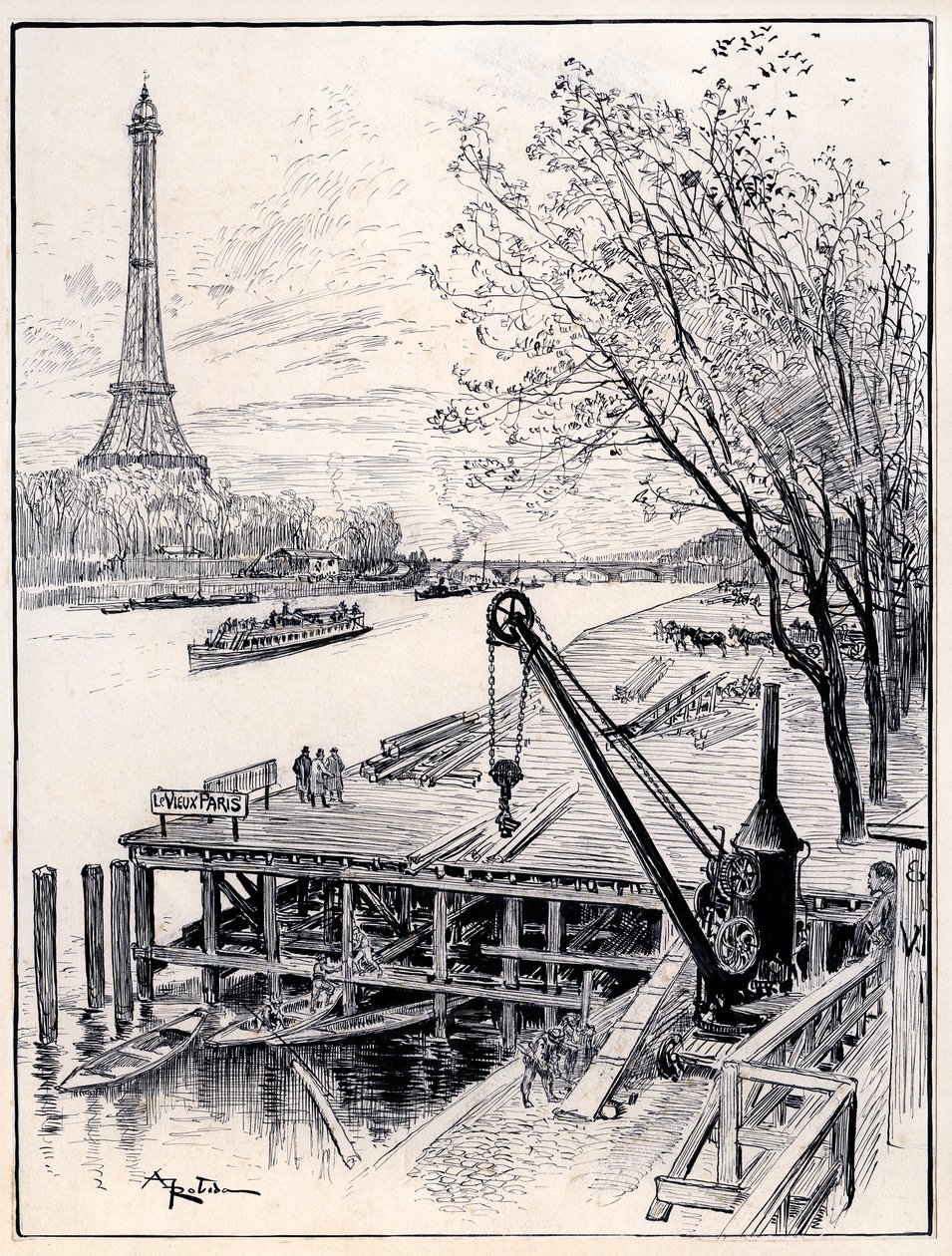 Begin van de bouwwerkzaamheden aan de architectonische reconstructie van middeleeuws Oud Parijs, aan de oevers van de Seine, voor de Wereldtentoonstelling van 1900 door Albert Robida