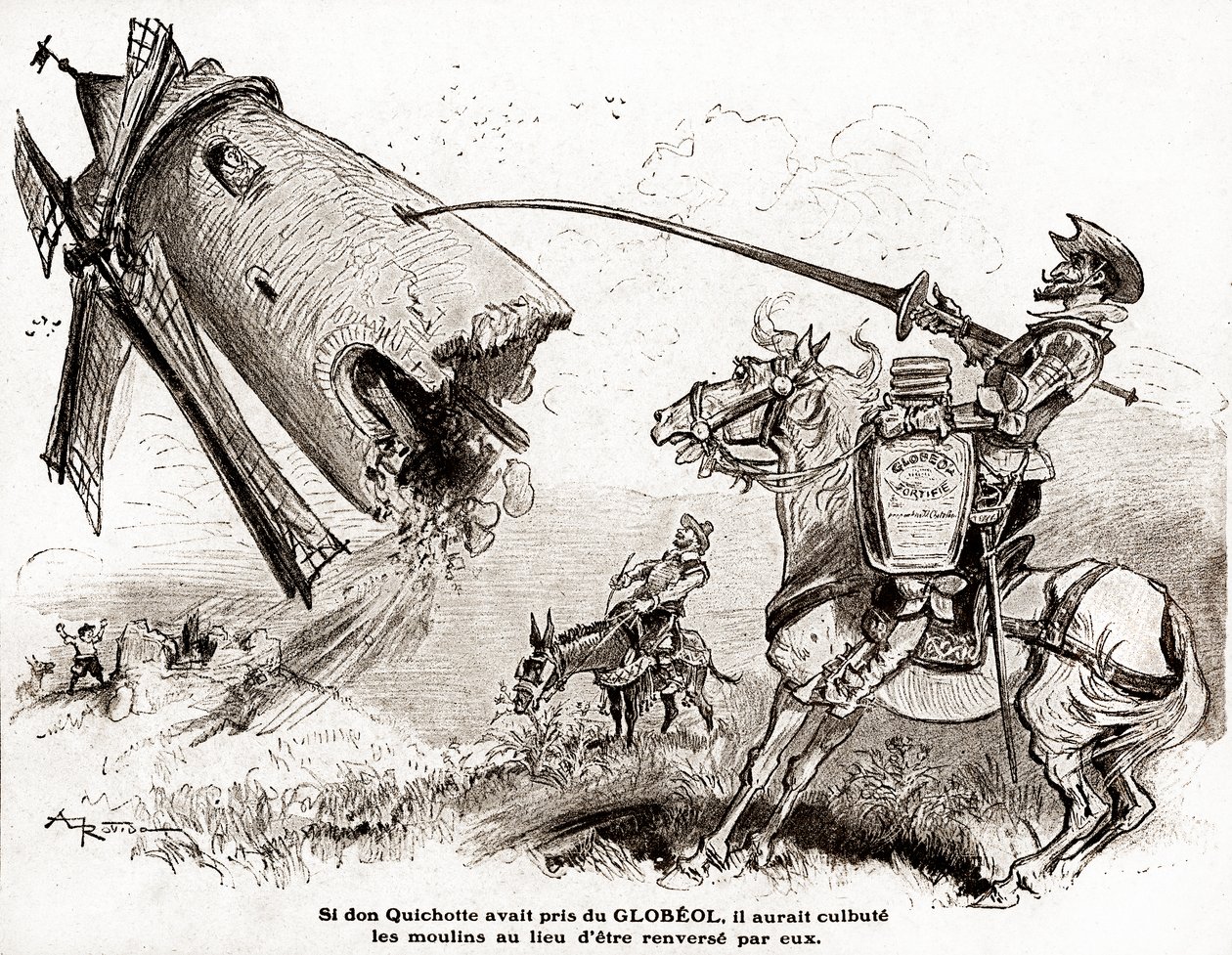 Don Quichot voor een advertentie voor de versterkende Globeol, rond 1916 (illustratie) door Albert Robida