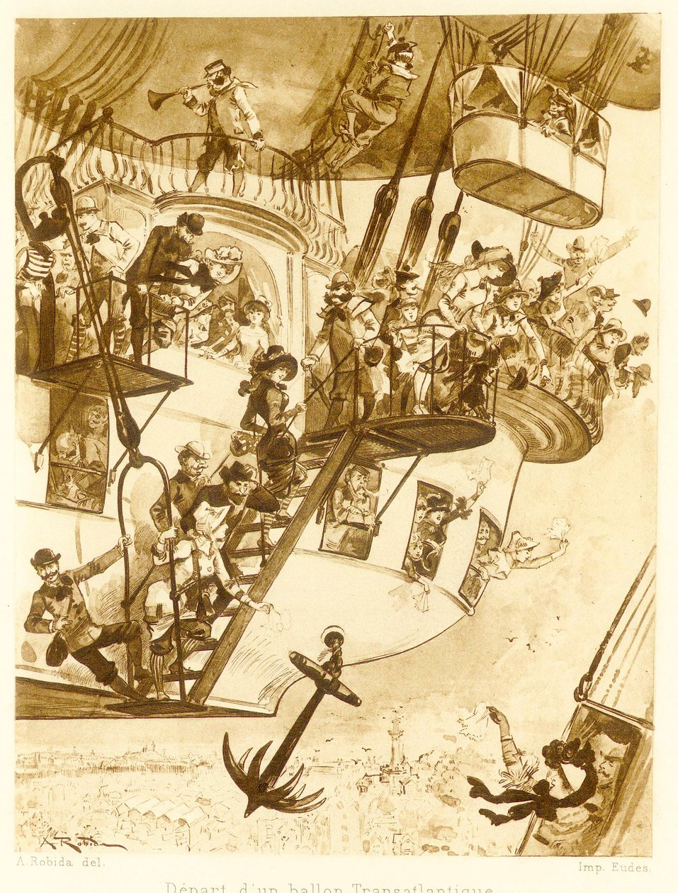 Départ d’un ballon transatlantique, uit Le Vingtieme Siecle, pub. 1883 lithografie, 1883 door Albert Robida