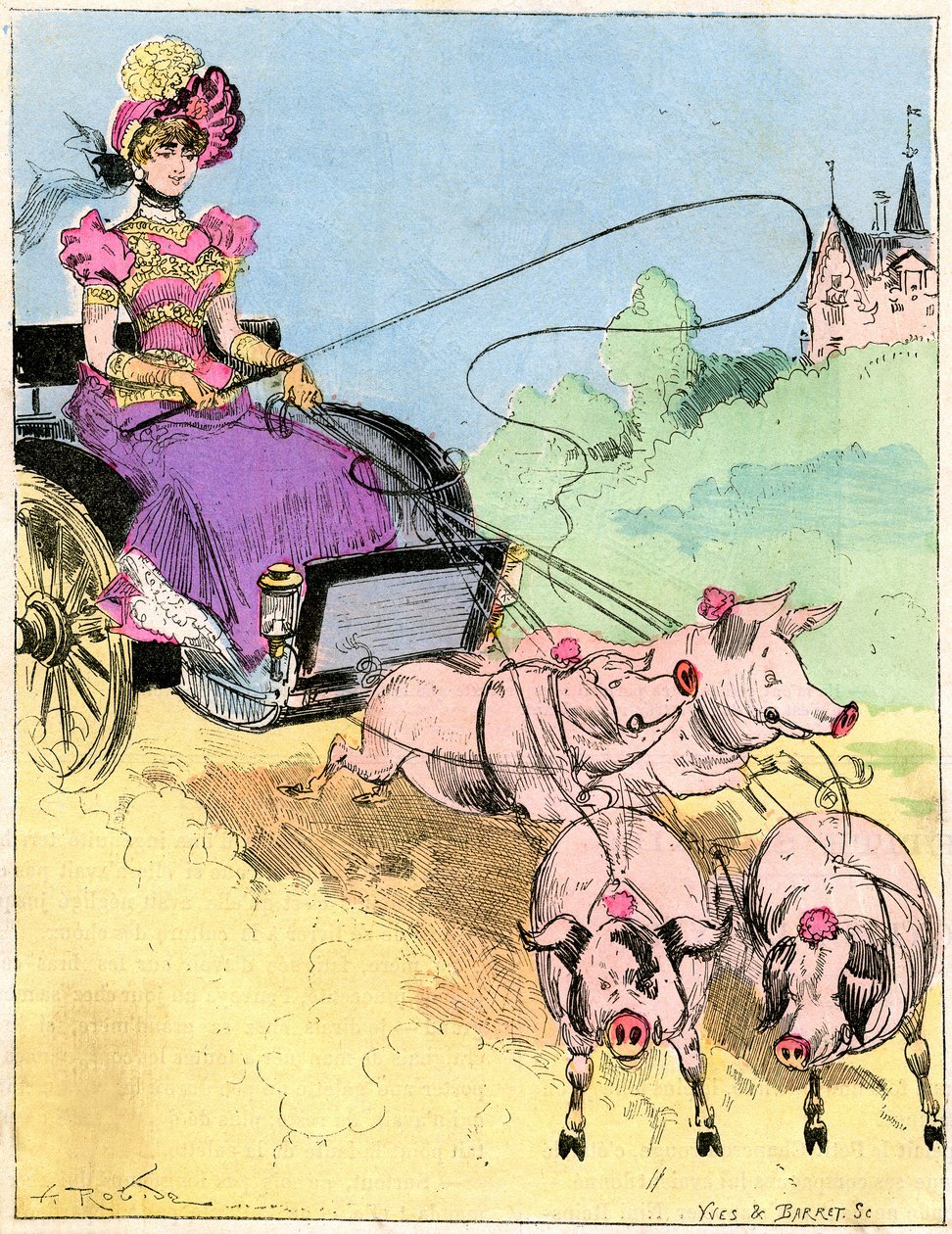 Tekening door Albert Robida (1848-1926) op de omslag van de Comique Wereld nr. 296 (begin 20e eeuw) - Nieuwe zeer elegante koets voor kleine uitstapjes op het platteland - Jonge vrouw die een varkenskar bestuurt (varkens) - door Albert Robida