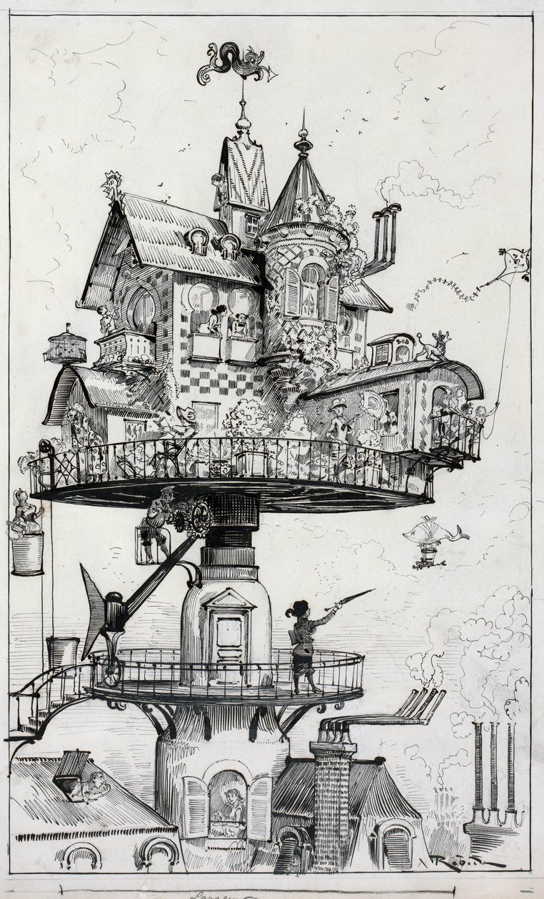 Tekening toont een woonstructuur verhoogd boven daken en ontworpen om te draaien en in verschillende richtingen aan te passen, tekening door Albert Robida c. 1883 door Albert Robida