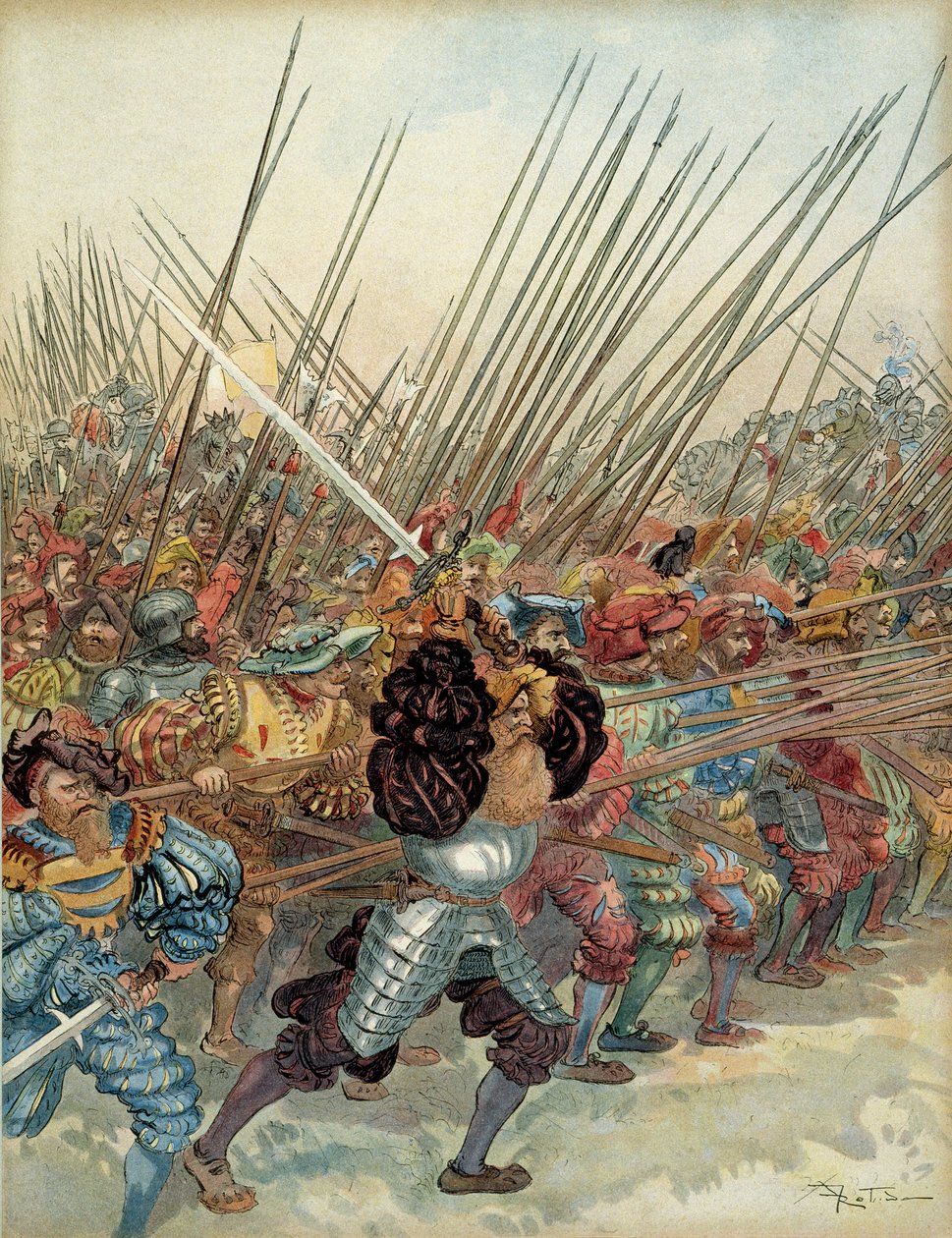Vijfde Italiaanse Oorlog (1515-1516): Zwitserse aanval op de wapens van Frans I (1494-1547) en zijn Venetiaanse bondgenoten bij Marignan (Italië) door Albert Robida