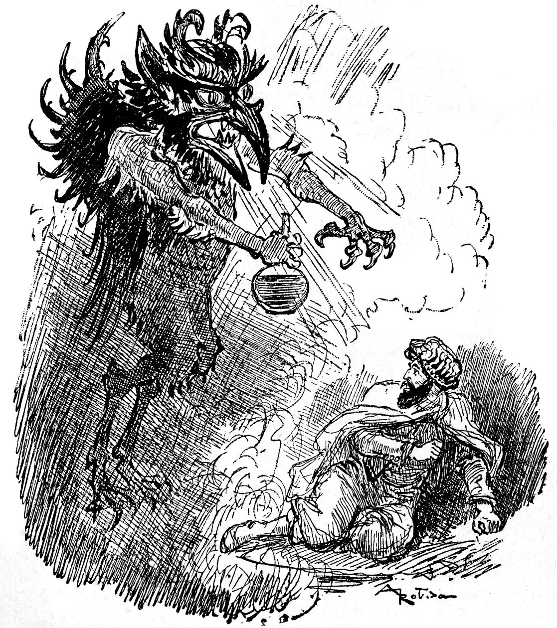 Illustratie door Albert Robida (1848-1926) van een Arabische legende (1001 nachten): een vreselijke demon (boze geest) presenteert een man een fles wijn. gravure uit het boek 