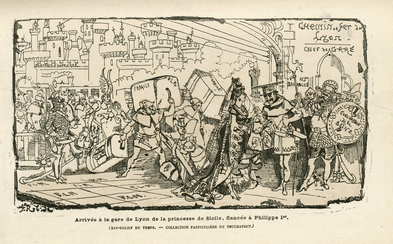 Illustratie van Albert Robida (1848-1926) in Histoire de France tintamarresque, ca. 1880 - Gare, Ancien regime, Sicilië - Philippe I door Albert Robida