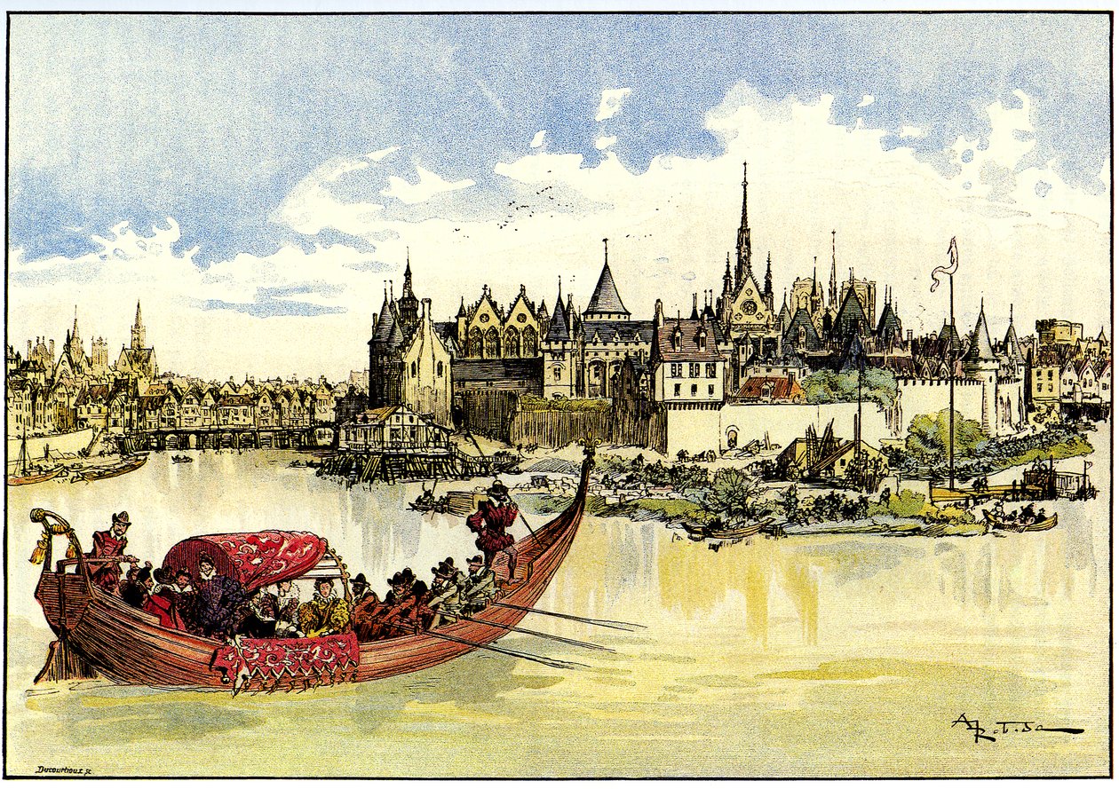 Koning Henri III in een boot die de eerste steen legt van de Pont Neuf over de Seine in Parijs, 31 mei door Albert Robida