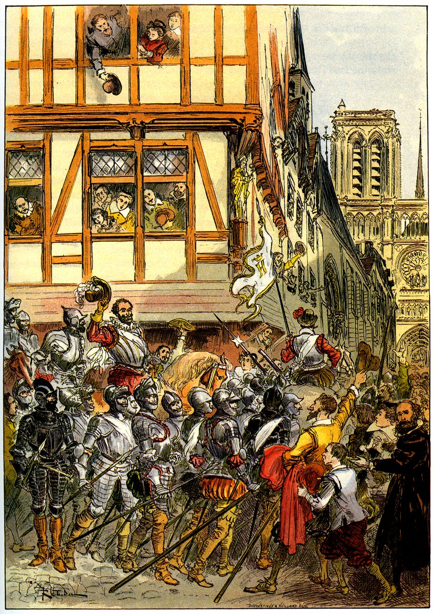 Koning Hendrik IV van Frankrijk toegejuicht door de menigte bij aankomst in de Notre-Dame na de overgave van Parijs op 22 maart door Albert Robida
