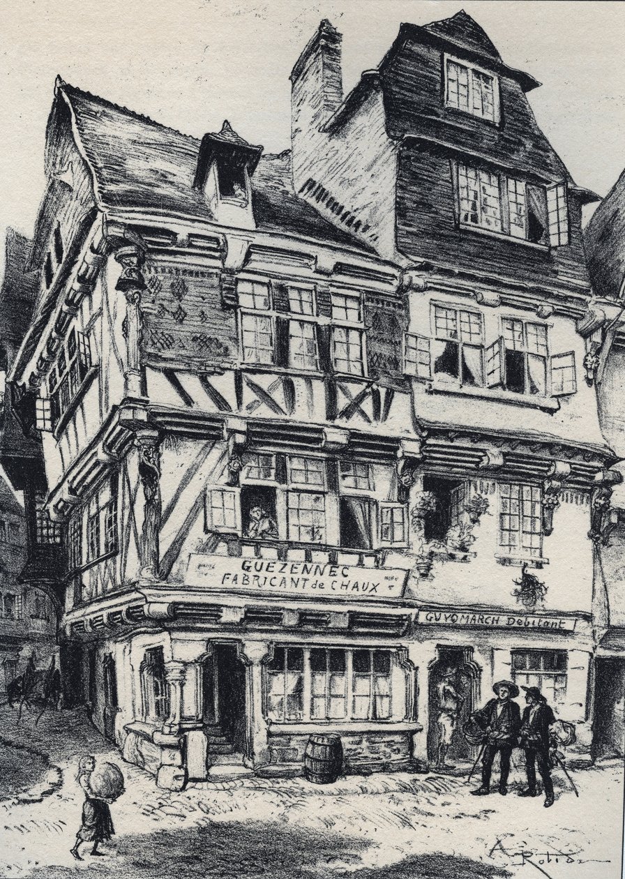 La venelle aux pastes in Morlaix - La vieille France - La Bretagne - tekst, tekeningen en lithografieën, door Albert Robida (1848-1926) ongedateerd eind 19e eeuw door Albert Robida