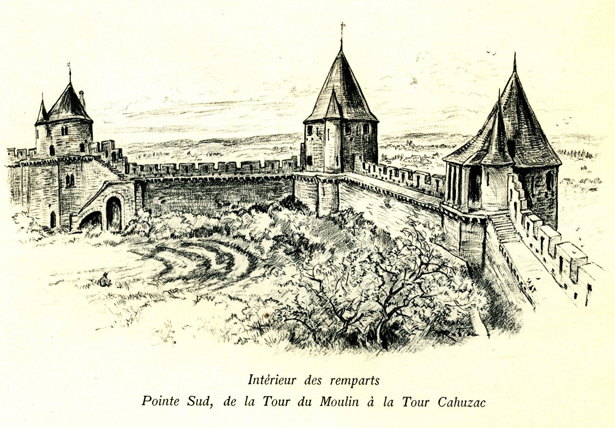 Middeleeuwse stad Carcassonne (Aude, Languedoc, Pays Cathare) - Interieur van de vestingmuren, zuidpunt, van de toren van de Molen tot de toren Cahuzac - locatie van het openluchttheater - romantische gravure door Albert Robida (1848-1926) in een boek gepu door Albert Robida
