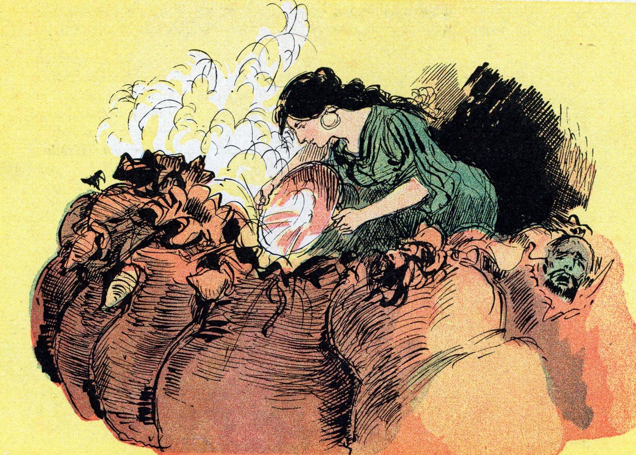Morgiana doodt 37 dieven verborgen in potten (tekening) door Albert Robida