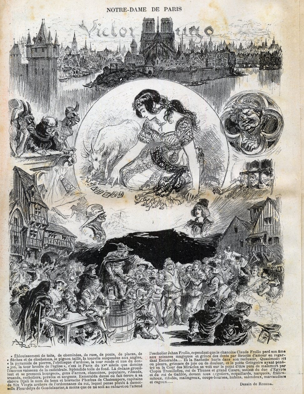 Notre Dame de Paris door Victor Hugo (1802-1885) tekening door Albert Robida (1848-1926) in Le rire van 1902 door Albert Robida
