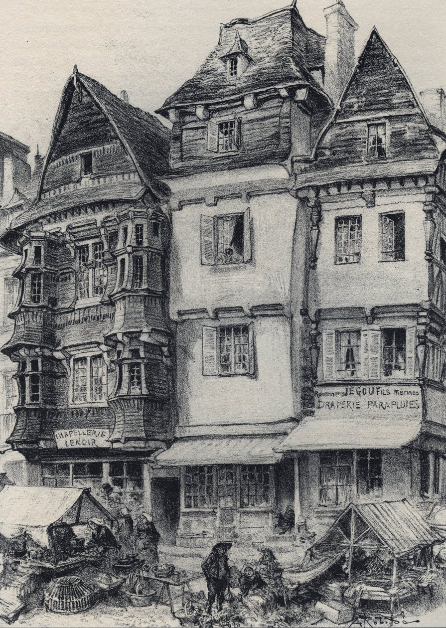Place du marché in Lannion - La vieille France - La Bretagne - tekst, tekeningen en lithografieën, door Albert Robida (1848-1926) ongedateerd eind 19e eeuw door Albert Robida