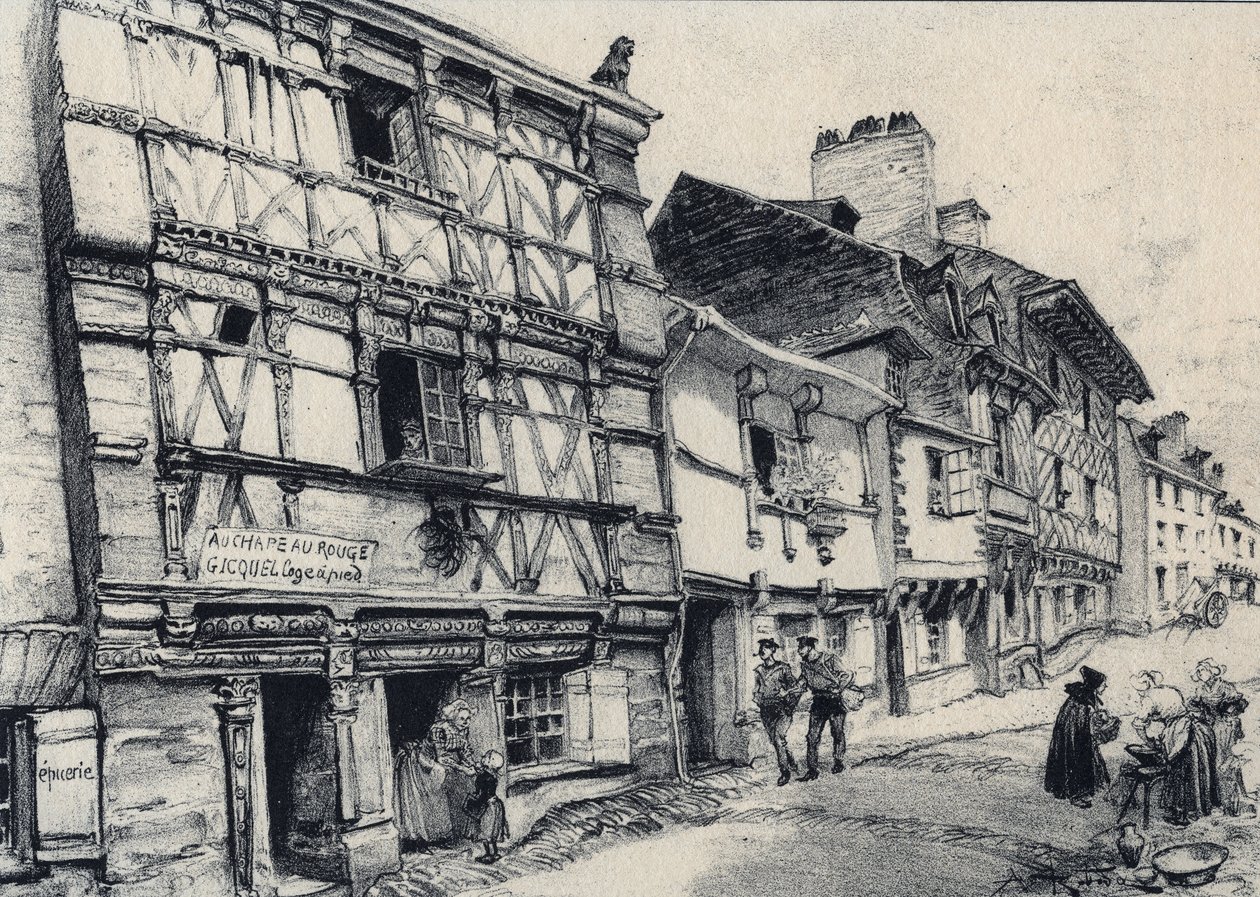 Rue Fardel in Saint Brieuc - Oud Frankrijk - Bretagne - tekst, tekeningen en lithografieën, door Albert Robida (1848-1926) ongedateerd eind 19e eeuw door Albert Robida