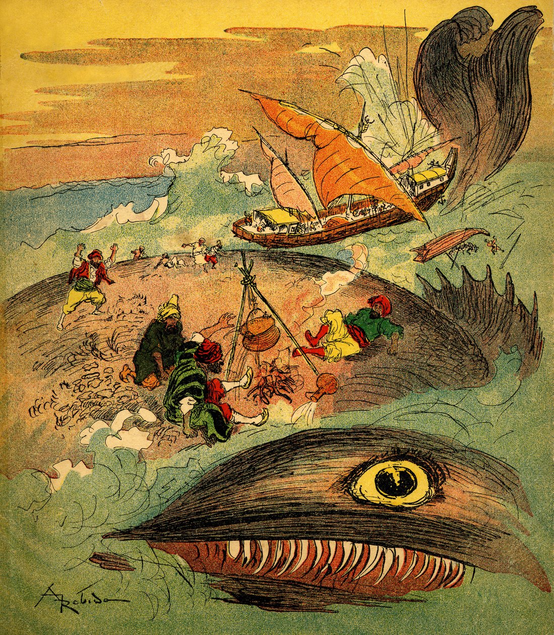 Sindbad de zeeman - verhaal van de duizend-en-een-nachten - boek uit 1948 die zijn avonturen vertelt (Fortin editie, collectie Wonderlijke Beelden van de Kindertijd) - illustratie door Albert Robida (1848 - 1926): Sindbad en zijn metgezellen zijn mislukt door Albert Robida