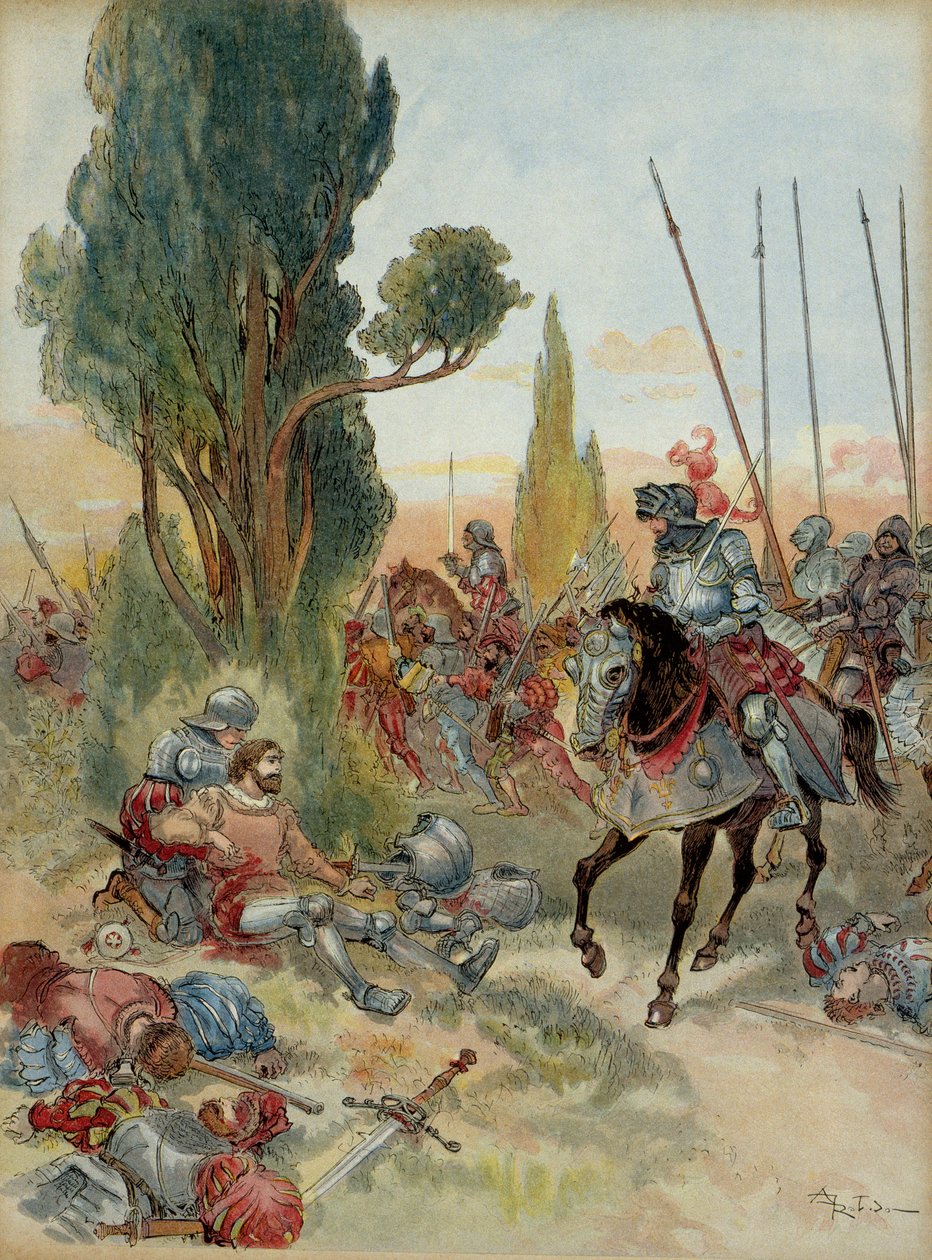 Zesde Italiaanse Oorlog (1521-1526): Dood van Pierre Terrail de Bayard (1476-1524), gewond door een haakbusaanval bij Rebec (Italië), in 1524, Charles de Montpensier, connetable van Bourbon (1490-1527), stond tegenover hem door Albert Robida