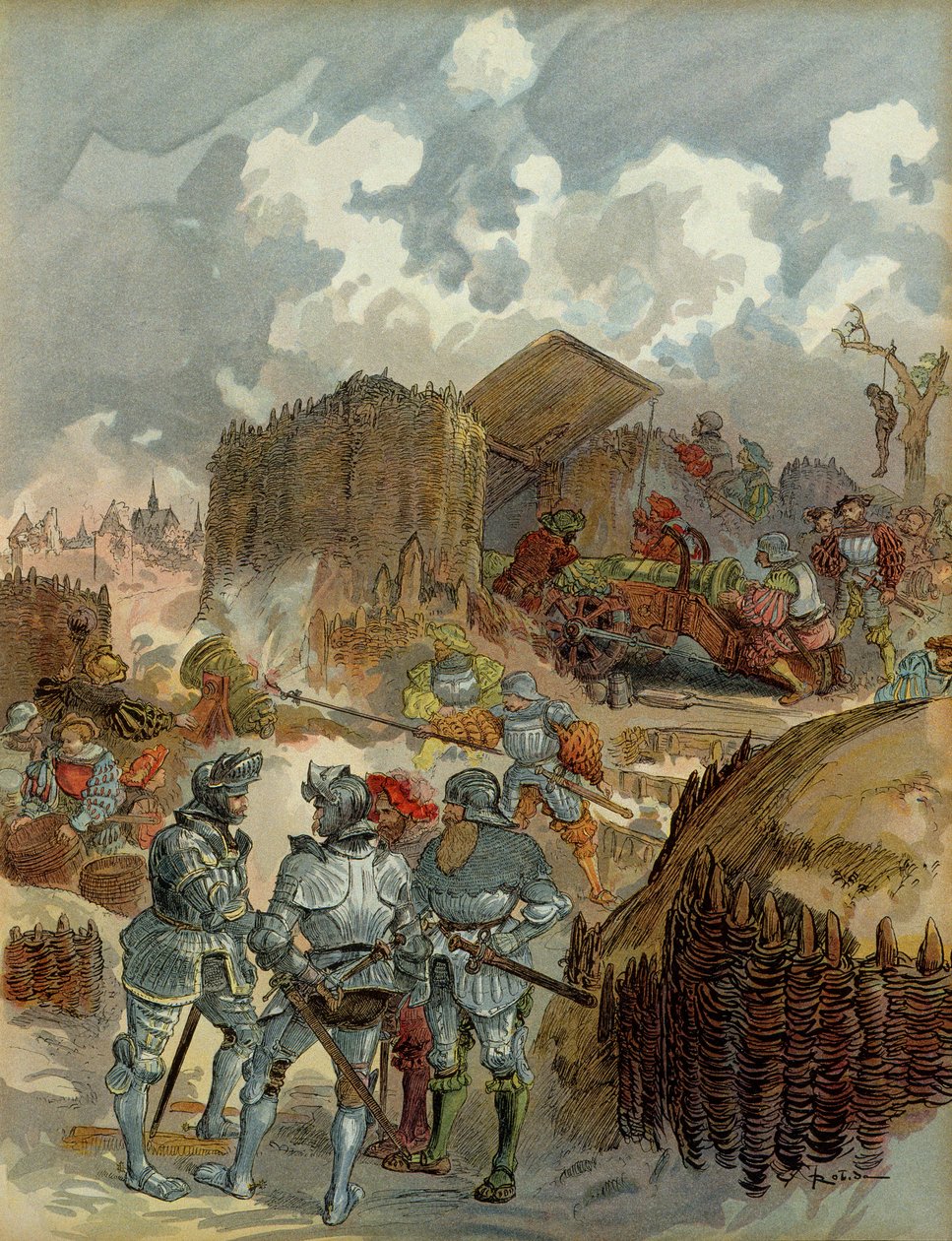 Zesde Italiaanse Oorlog (1521-1526): Pierre Terrail de Bayard (1476-1524) bij het hoofdkwartier van Mezieres in 1521. Illustratie door Albert Robida