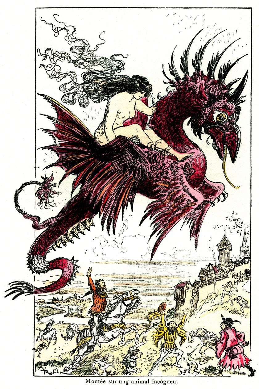 Succubus: vrouwelijke demon rijdend op een draak - illustratie door Albert Robida voor de Drolatic Tales door Honoré de Balzac - begin 20e eeuw door Albert Robida