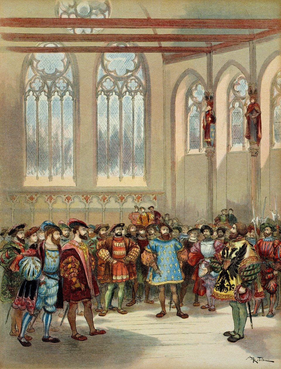 De Bourgondische heraut, gestuurd door Karel V (1500-1558), werd ontvangen door Francois I (1494-1547) in de grote zaal van het Parlement in Parijs, eerste helft van de 16e eeuw door Albert Robida
