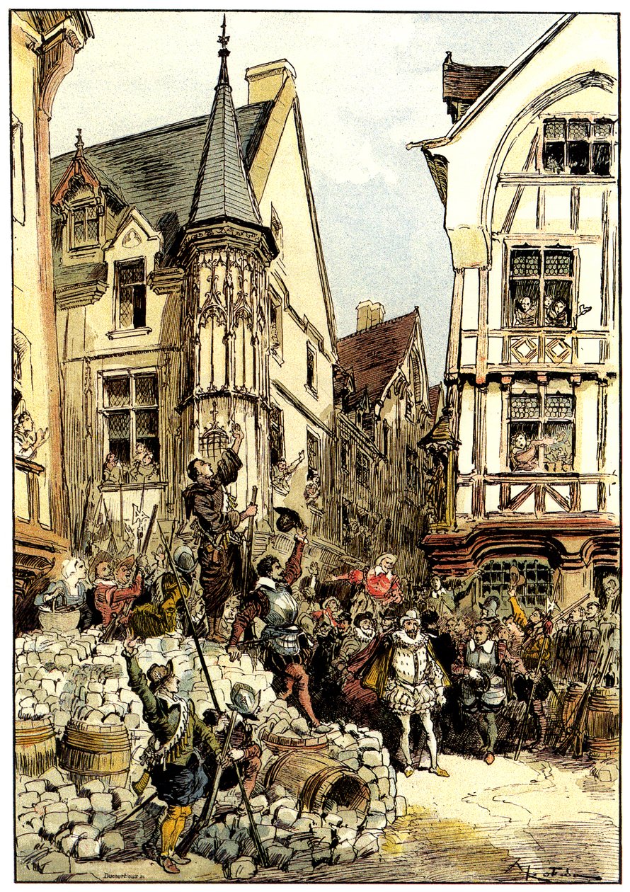 De Hertog van Guise toegejuicht door de menigte en soldaten van het Gardes Francaises regiment in Parijs op Barricadedag door Albert Robida