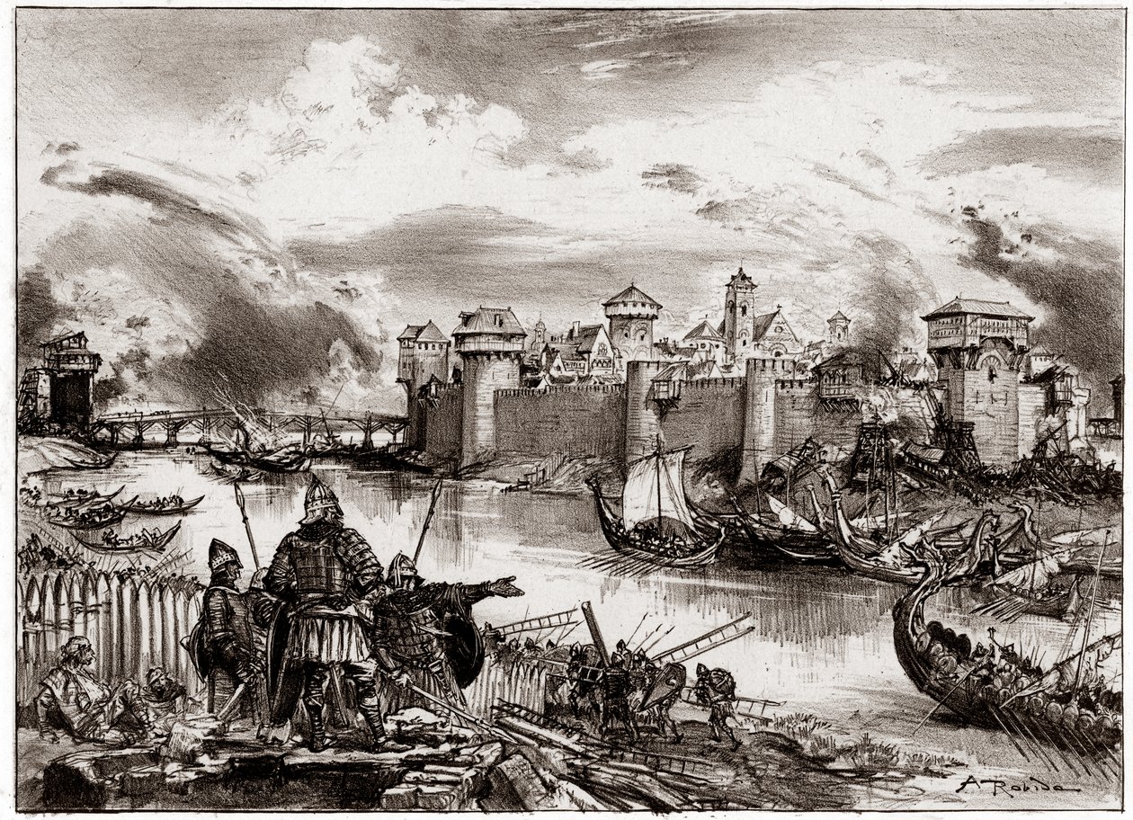 De Vikingen, Normandische piraten onder leiding van hun leider Siegfried, belegeren Parijs (gravure) door Albert Robida