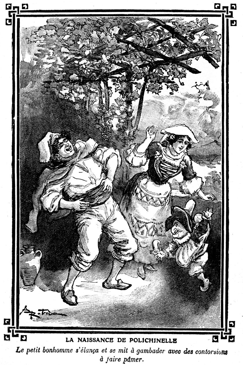 De geboorte van Polichinelle. Tekening door Albert Robida in een kinderleesboek 1920-1930 door Albert Robida