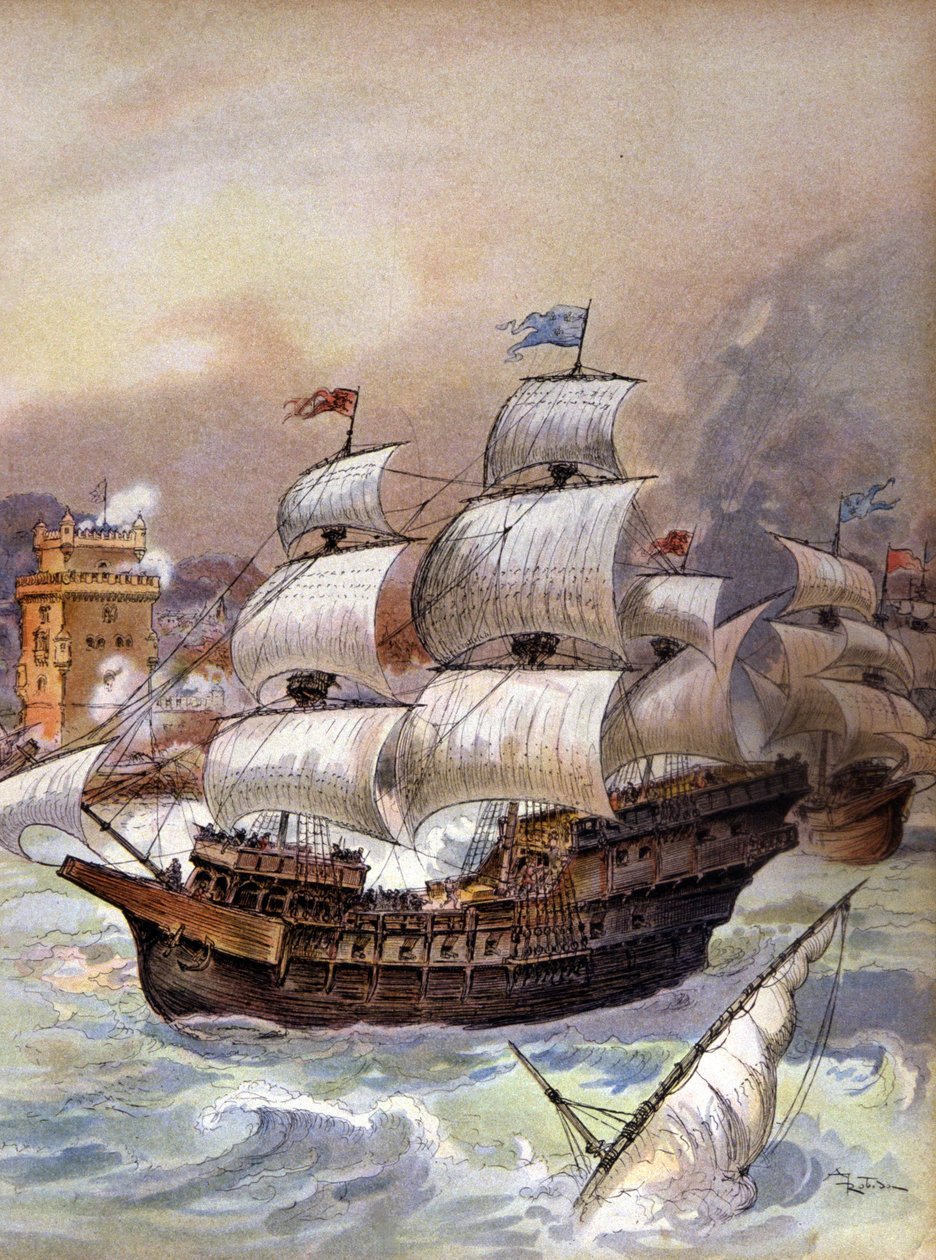 De vloot van Jean Ango blokkeert de Taag en bedreigt Lissabon, ca. 1909 door Albert Robida