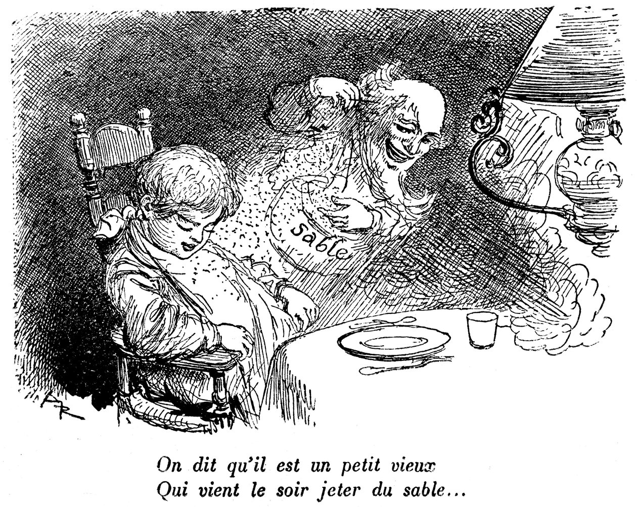 De zandman is langs geweest! Kind slaapt na het eten. Slaap. "Ze zeggen dat hij een klein oud mannetje is die 