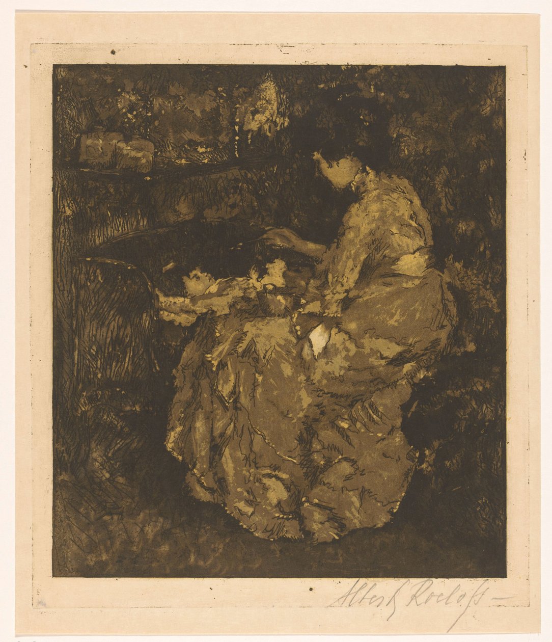 Vrouw die een kind in een wieg pap voert door Albert Roelofs (signed by artist)
