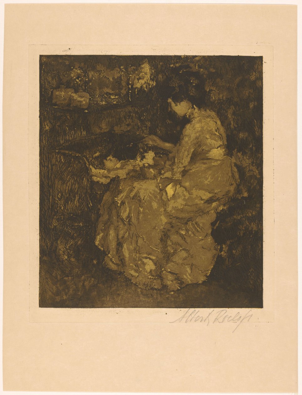 Vrouw die een kind in een wieg pap voert door Albert Roelofs (signed by artist)