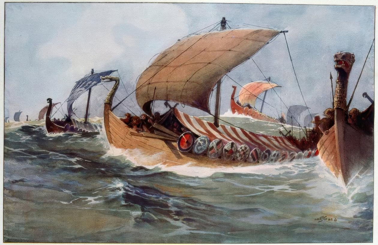 Drakkar. Vikingbeurtschepen onder zeil door Albert Sébille