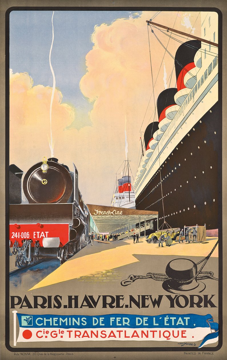 Poster die reizen adverteert door de scheepvaartmaatschappij Compagnie Generale Transatlantique, ca. 1930 door Albert Sébille