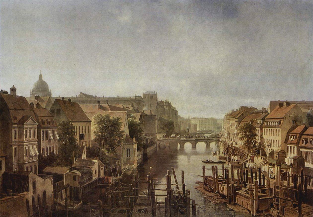 Uitzicht vanaf Koninklijke molens aan de Mühlendamm naar de Lange Brücke in Berlijn door Albert Schwendy